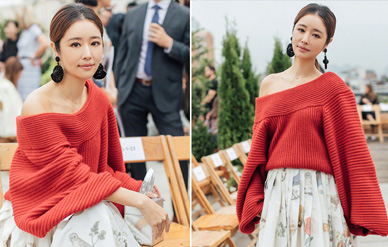 林心如纽约时装周首秀,穿斜领毛衣看秀,香肩半露惊艳迷人!