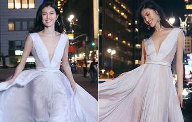 何穗维密晚宴后纽约街头拍美照，一袭白裙冒寒奔跑仙气足！