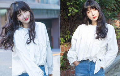 柳岩白衬衫牛仔裤学生气十足，星星耳环亮眼清新甜美！