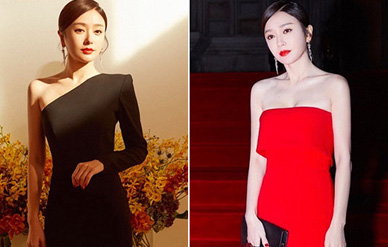 秦岚盛装亮相韩国某活动，红裙妩媚黑裙端庄！