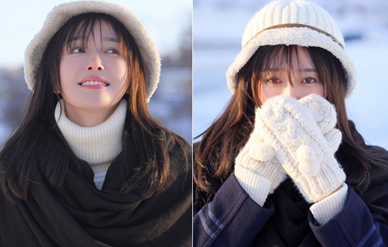 秦岚雪地写真曝光长发飘飘,双手捂脸笑意明媚温暖!